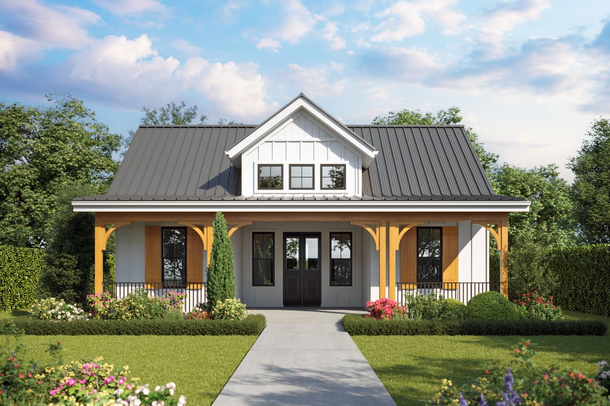 House plan exterior: Farmhouse style with a metal roof, porch with decorative brackets, dormer, and shutters. One story home.