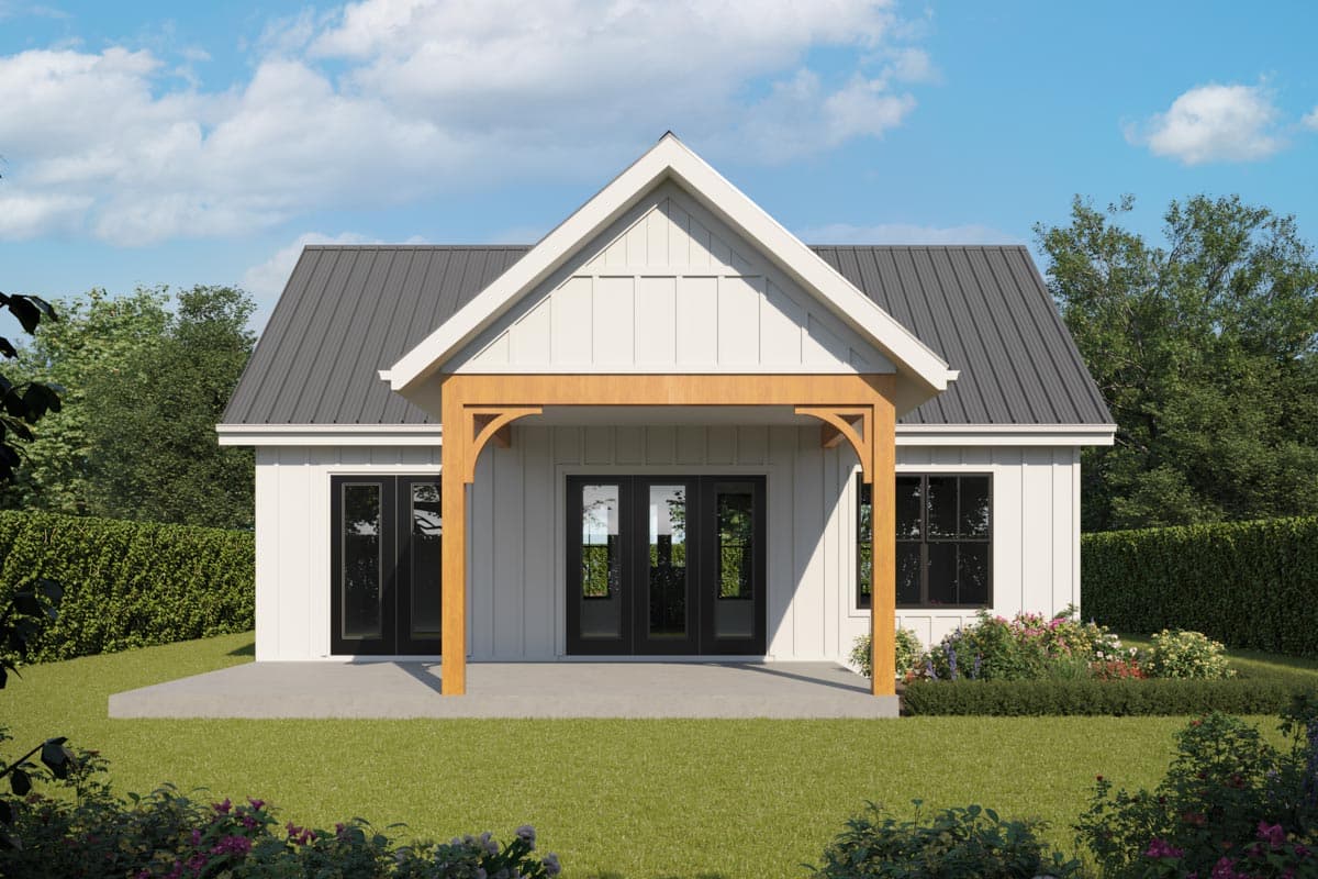 Modern Farmhouse house plan exterior with metal roof, board and batten siding, and wood-supported porch.