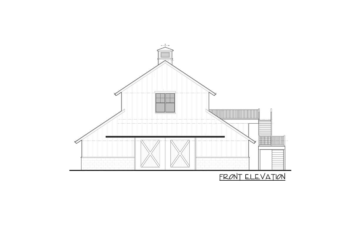 Front elevation drawing of a two-story barn-style house plan with double barn doors, cupola, and balconies.