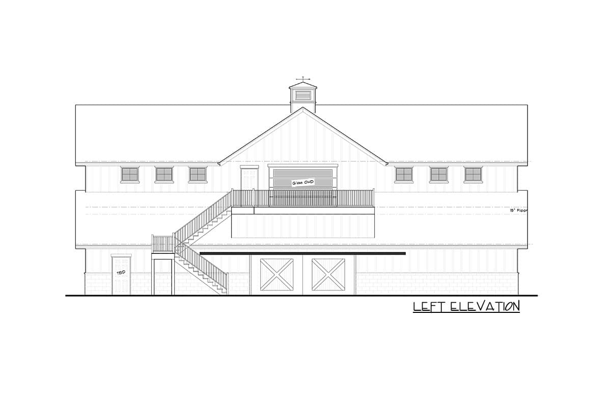 Left elevation drawing of a house plan featuring a cupola, large garage doors, and exterior stairs leading to a deck.