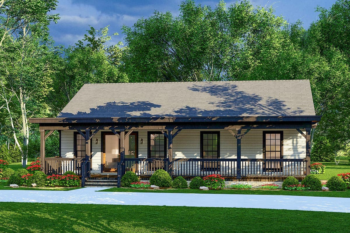 House plan exterior featuring a one-story, Craftsman-style home with a front porch, rafter tails, and a low-pitched roof.