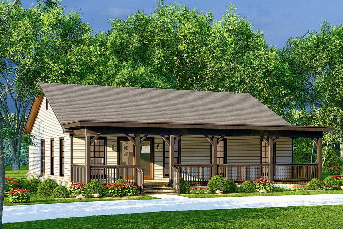 Cottage style house plan exterior with wide covered front porch, vertical siding and gable roof.