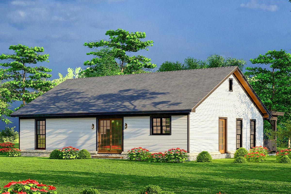House plan exterior: single-story modern home with white horizontal siding, gable roof, and double glass doors.