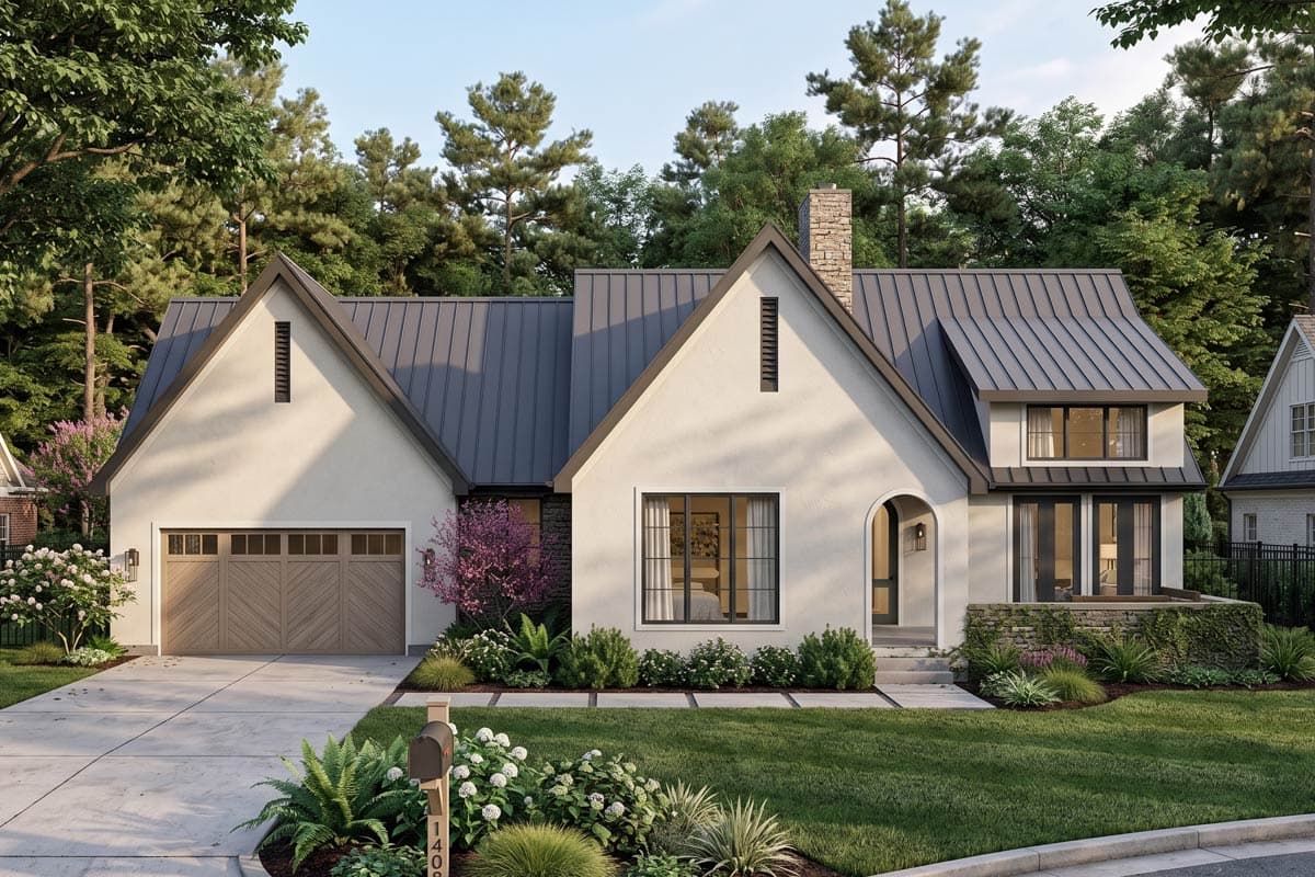 House plan exterior of a modern European-style home with gables, metal roof, stucco facade, and wood garage door.