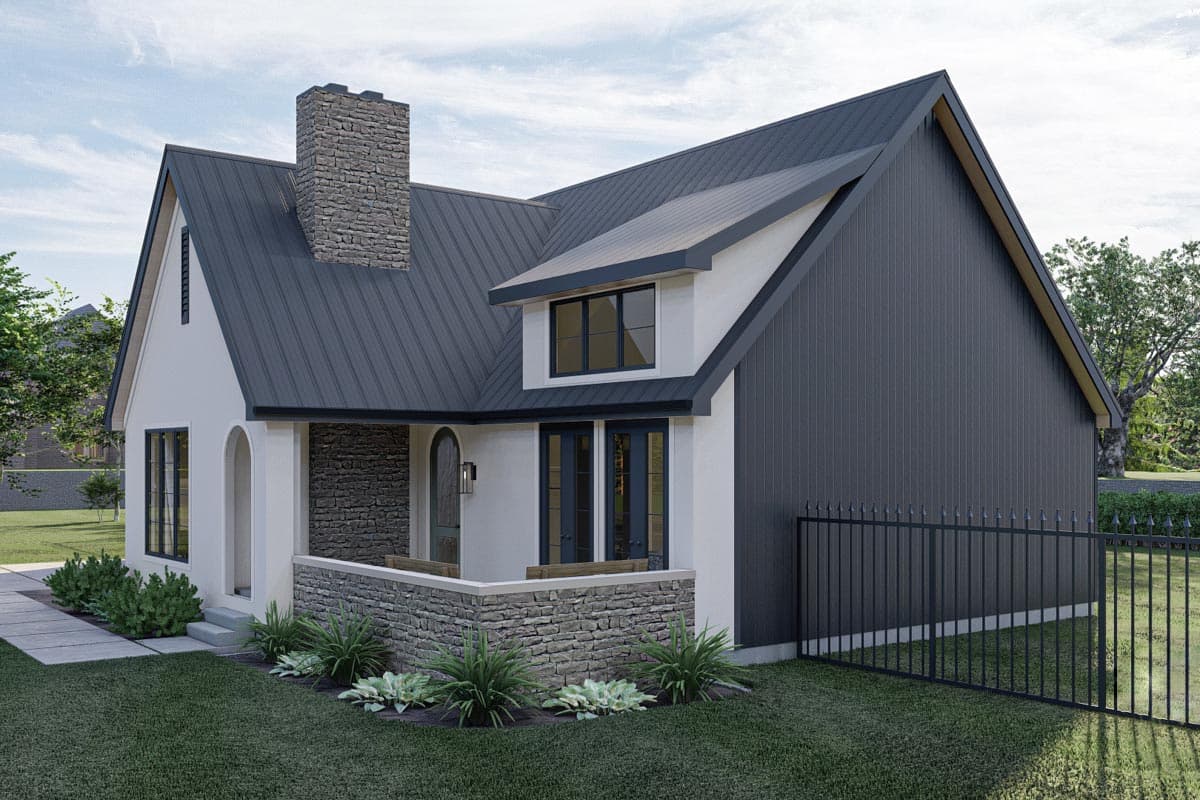 House plan exterior: Modern design with stone accents, dark metal roof, prominent stone chimney, and gabled dormer.