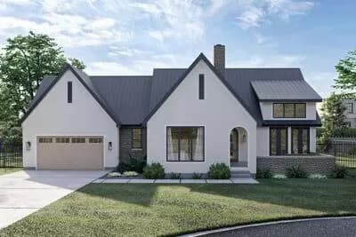 Transitional House Plan with Stucco Exterior and Steep Rooflines