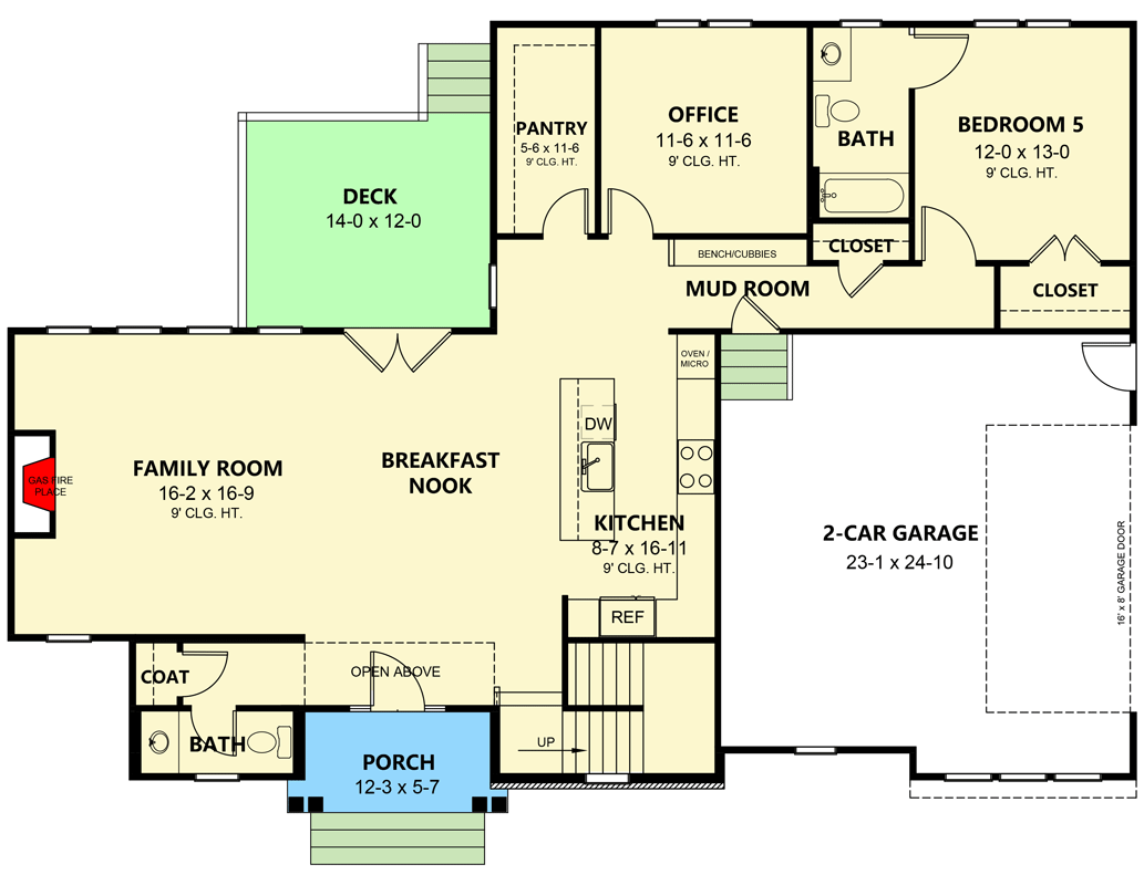 Plan 260016RVC: 5-Bed New American House Plan with Home Office - 3372 Sq Ft - Floor Plan - Main Level - Contemporary, New American