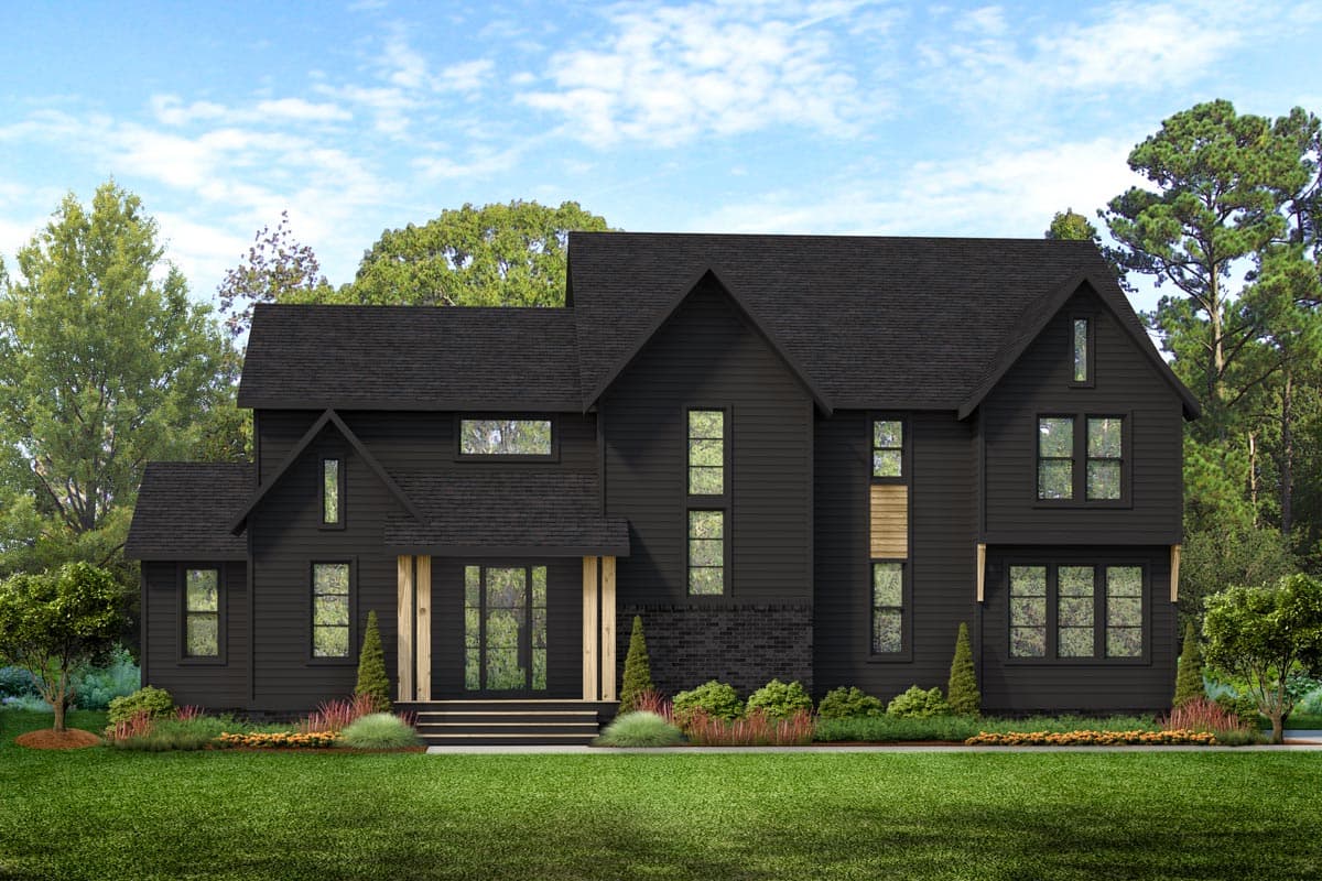 House plan exterior featuring a two-story Modern Farmhouse design with gables, a covered porch, and a dark exterior. Windows are tall and rectangular.