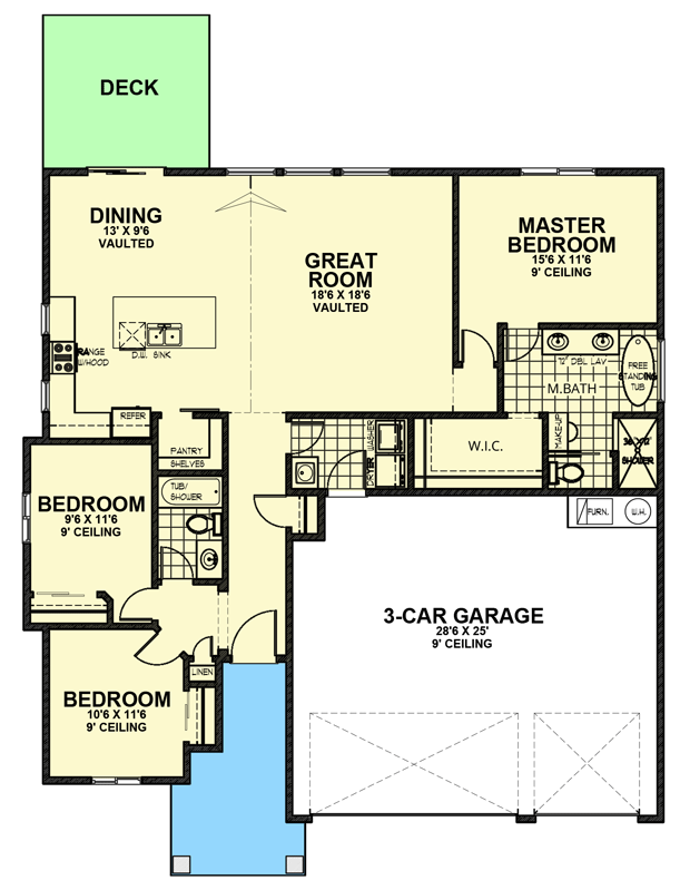 Plan 267004SPK: Split-Bed Contemporary Ranch with Vaulted Great Room - Floor Plan - Main Level - Contemporary, Prairie, Ranch