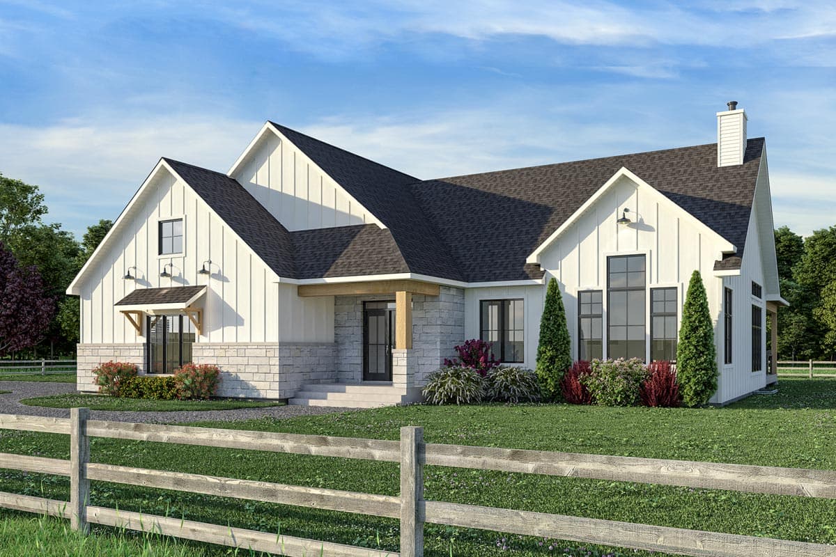 House plan exterior. Modern farmhouse style with board and batten siding, multiple gables, and a porch with a timber post.