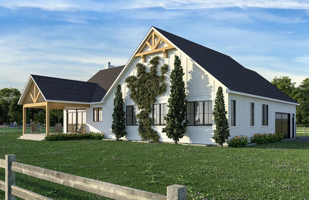 Modern Farmhouse house plan exterior with a covered porch, gabled dormer, and attached two-car garage.