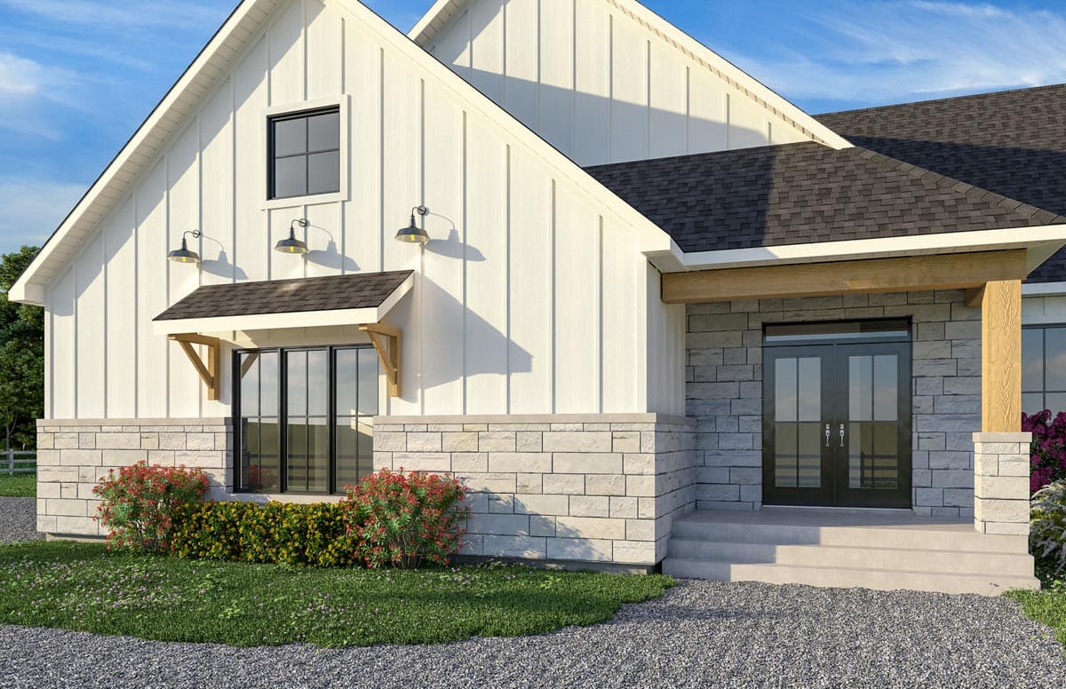 Modern Farmhouse house plan exterior with board and batten siding, stone base, gabled dormer, and double entry doors.