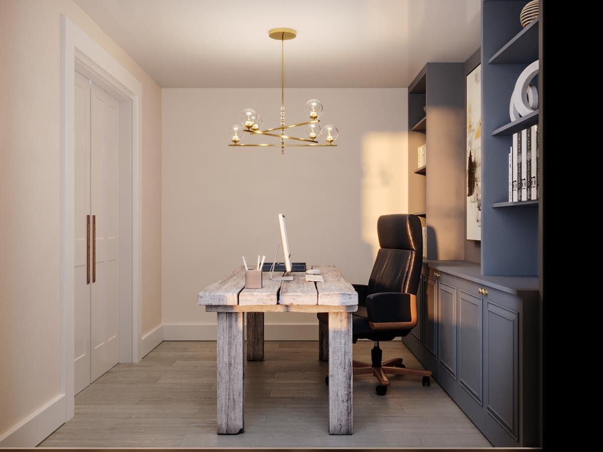 Home office with a rustic wooden desk, leather chair, built-in gray shelving, and double doors.