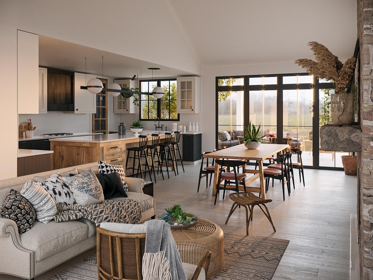 Open concept living, dining, and kitchen area with island, large windows, and stone fireplace.