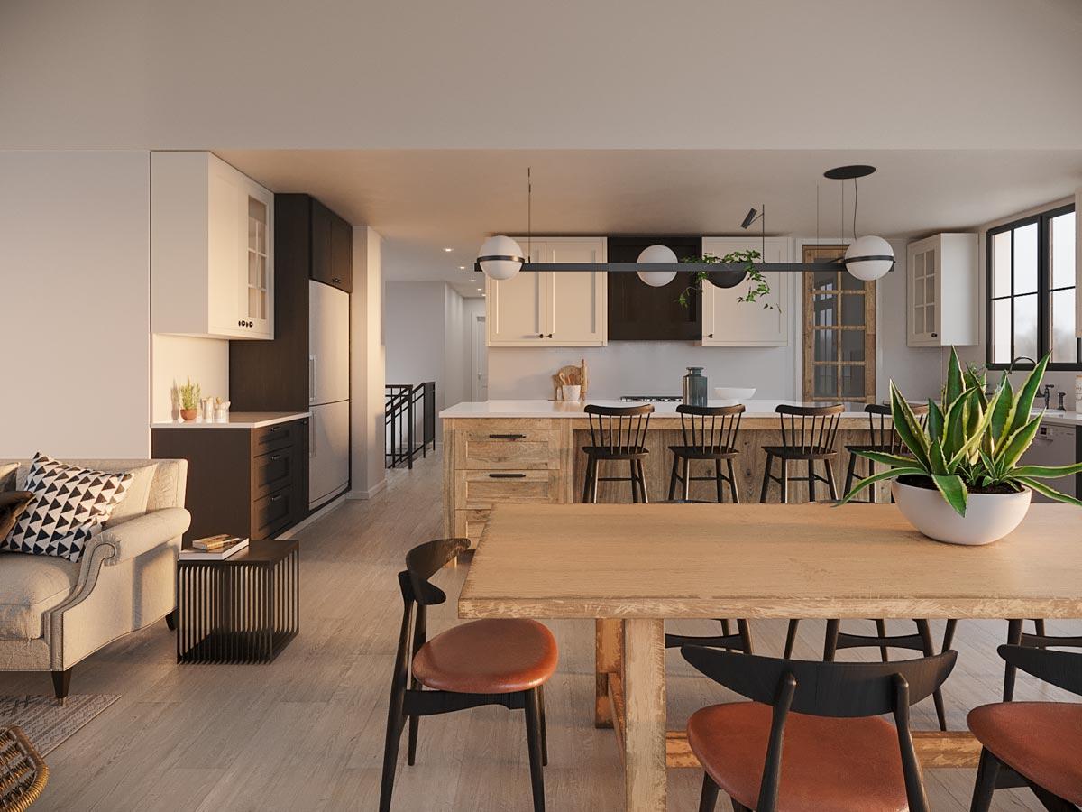 Rendering of an open concept living and kitchen area with a large dining table, island with bar stools, and a sectional sofa.