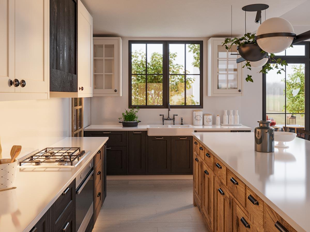 Kitchen with white countertops, two-tone cabinets, farmhouse sink, island, and large windows overlooking greenery.