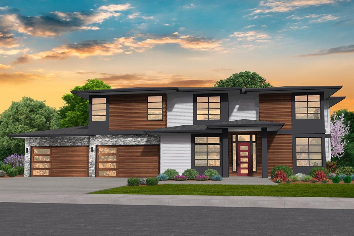 House plan exterior. Two-story Modern house with flat roof, horizontal siding, stone facade, and attached three-car garage.