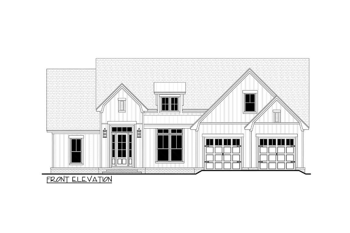 Front elevation house plan with gables, dormer, double garage, and covered entry.