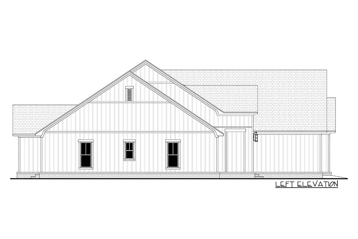 House plan left elevation drawing showing board-and-batten siding, multiple gables, and a shed roof.