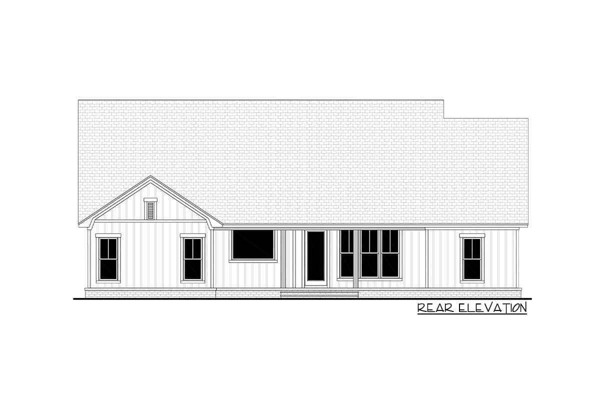 Rear elevation drawing of a one-story house with a gable, porch, and multiple windows.