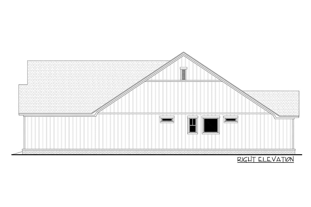 Right elevation house plan drawing showing a steeply pitched gable roof, vertical siding, and a row of windows.