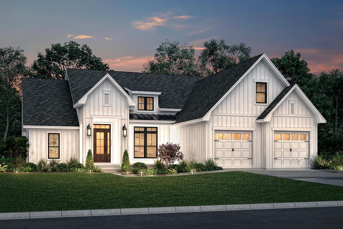 Modern Farmhouse house plan exterior with white board and batten siding, double garage, dormer, and prominent gables.