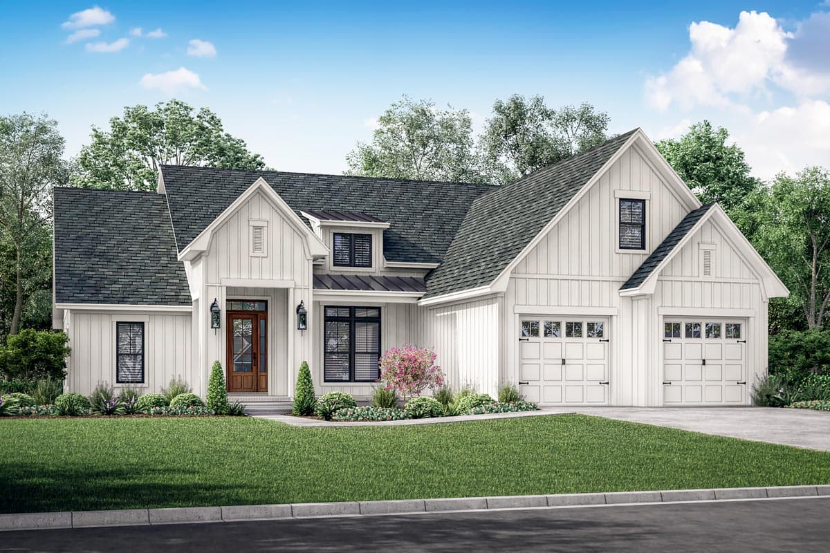 House plan exterior. Modern Farmhouse style with two stories, gabled rooflines, a front porch, and an attached garage.