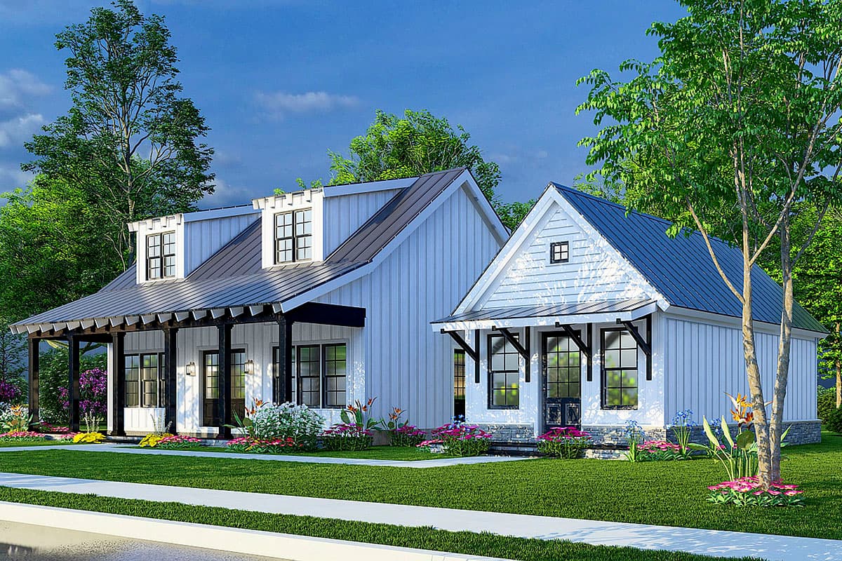 House plan exterior: Modern Farmhouse style, two stories, metal roof, gabled dormers, covered porch with dark posts and beams.