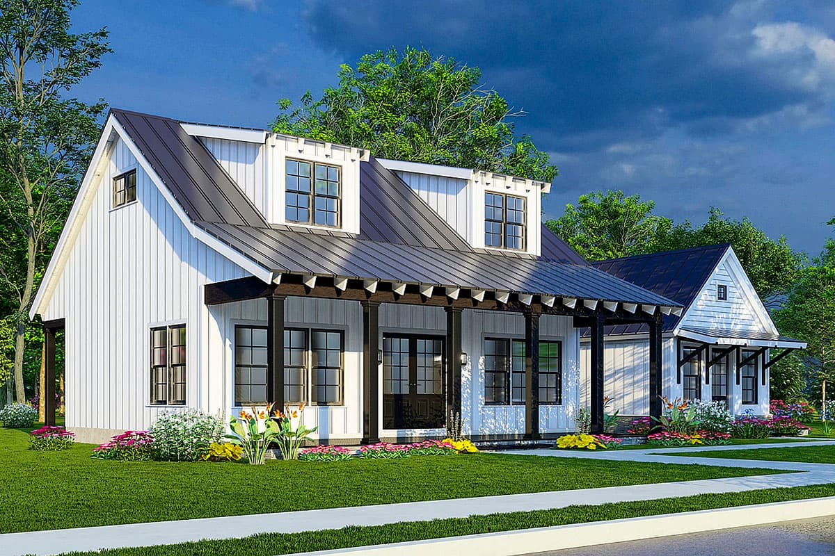 Modern Farmhouse house plan exterior with metal roof, covered porch with columns, and dormer windows.