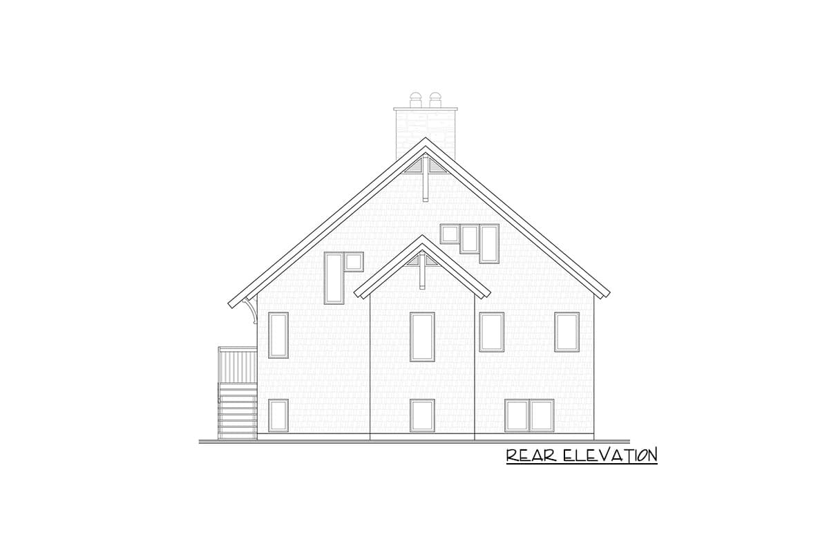 Rear elevation drawing of a two-story house with gables, a prominent chimney, and a deck with stairs.