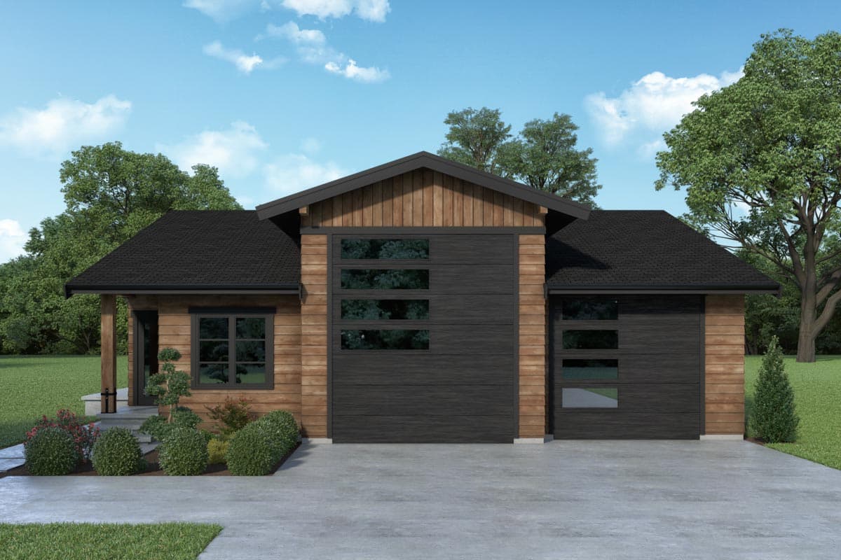 House plan exterior. Modern style, single-story house with a gable roof, wood siding, and two garage doors with multiple-pane windows.