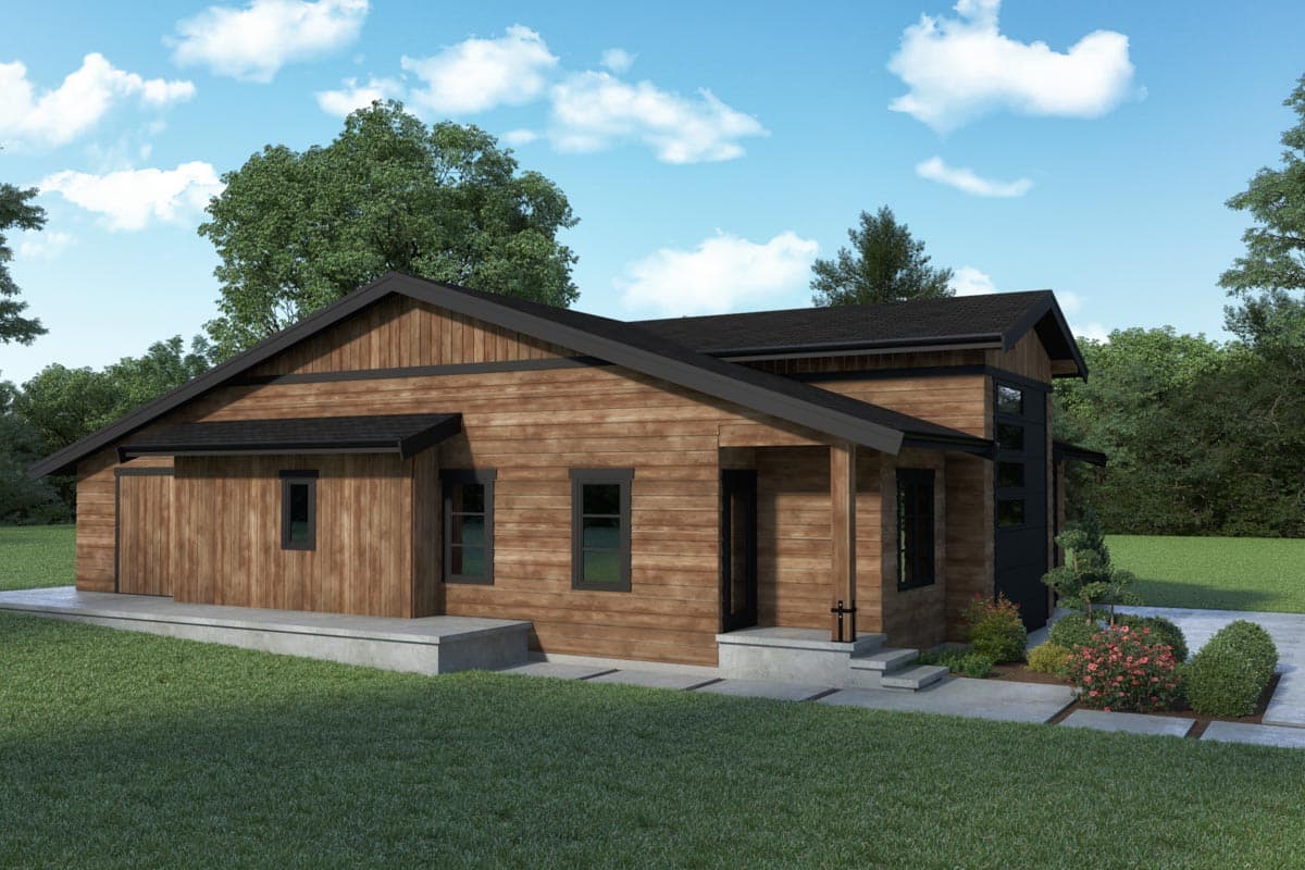 House plan exterior with wood siding, gable roof, covered porch, and attached garage.