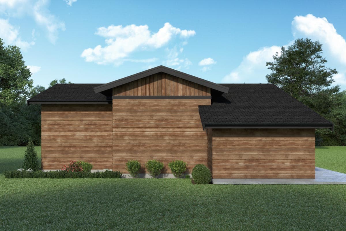 Modern house plan exterior with horizontal wood siding, gabled roof, and attached garage.