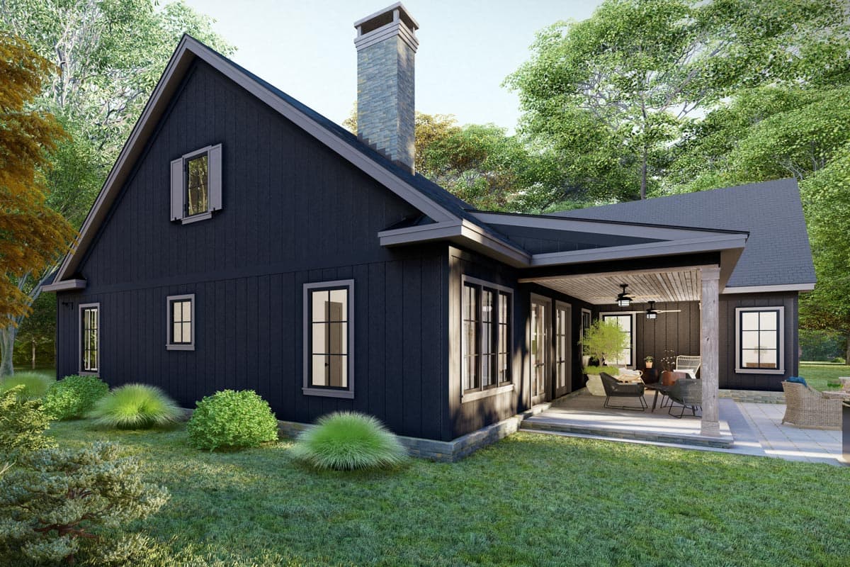 Modern farmhouse house plan exterior with dark siding, gabled roof, prominent chimney, and covered patio.