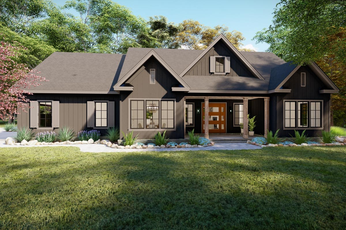 Modern Farmhouse style house plan exterior. Single-story with a covered front porch, gables, and large windows.