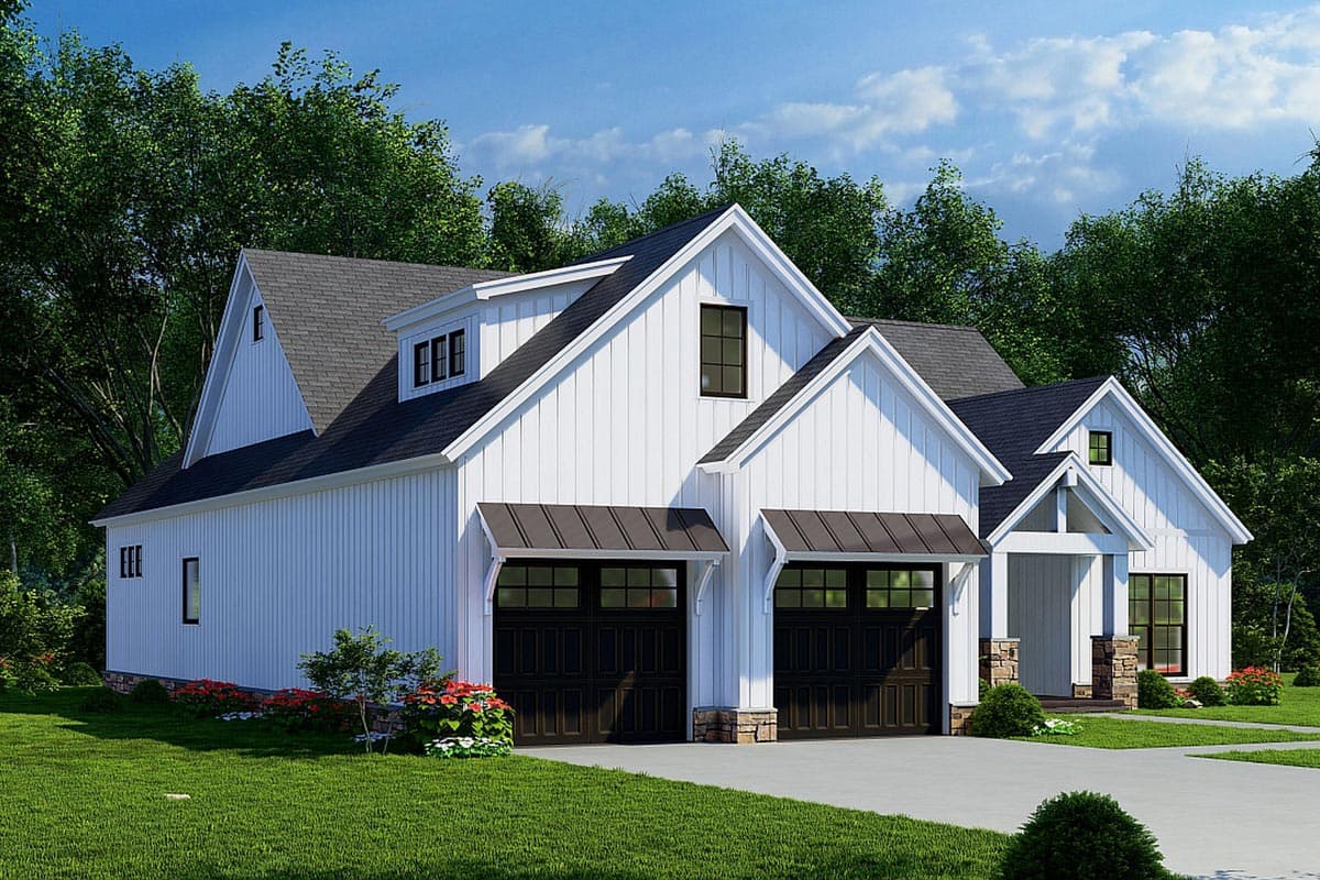Modern Farmhouse house plan exterior with two-car garage, white board and batten siding, gable dormer, and covered entry.