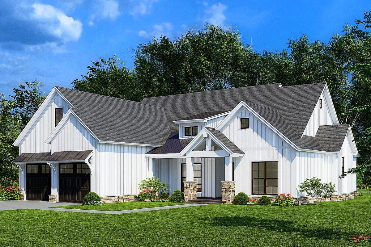 Modern Farmhouse house plan exterior with board and batten siding, stone accents, gable roofs, dormers, and a two-car side-entry garage.