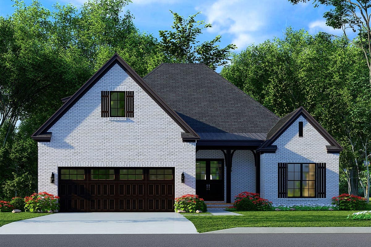 House plan exterior featuring a one-story, brick facade, gable roof, and a covered front porch with dark trim and accents.