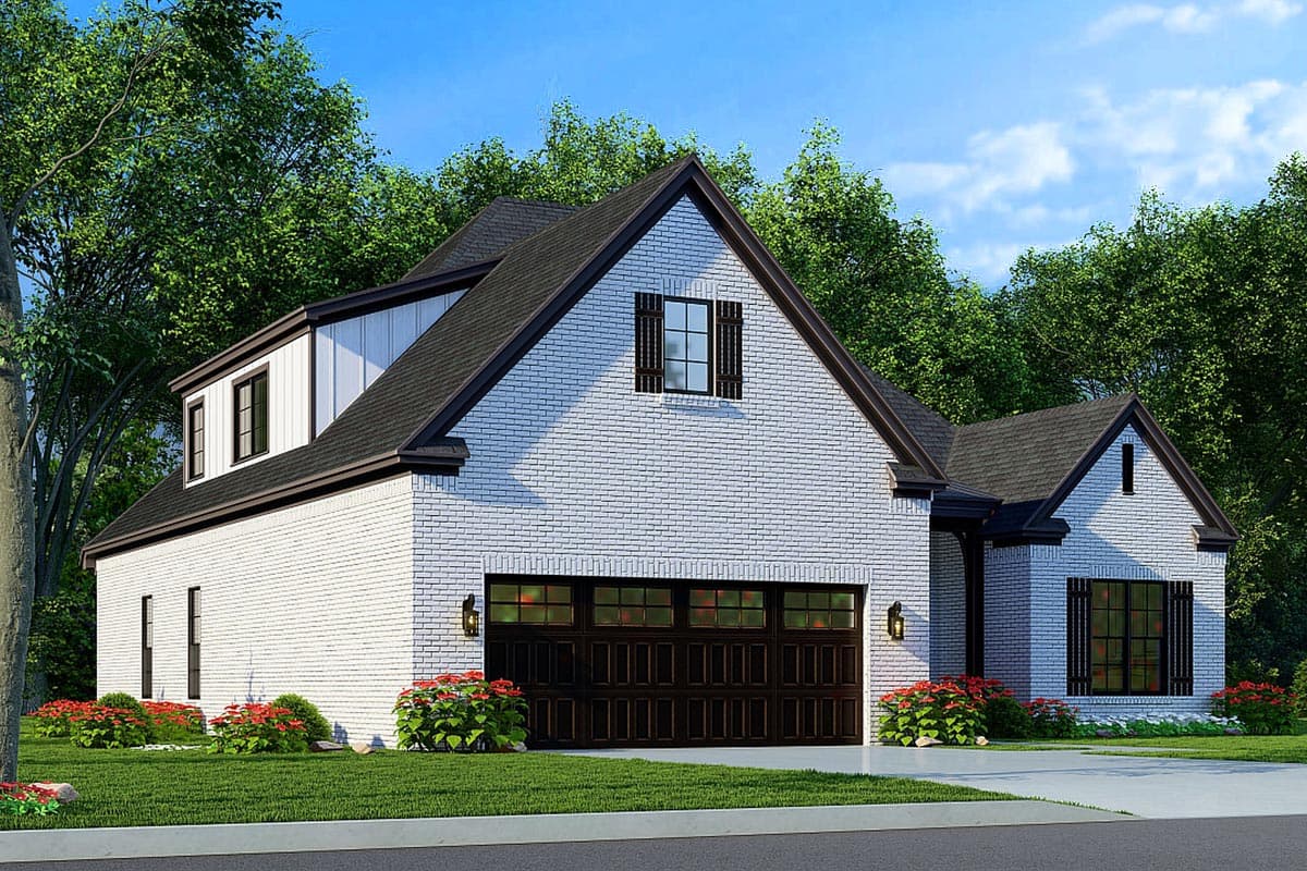 House plan exterior: two-story modern home with white brick, dark roof, dormer, and attached garage.