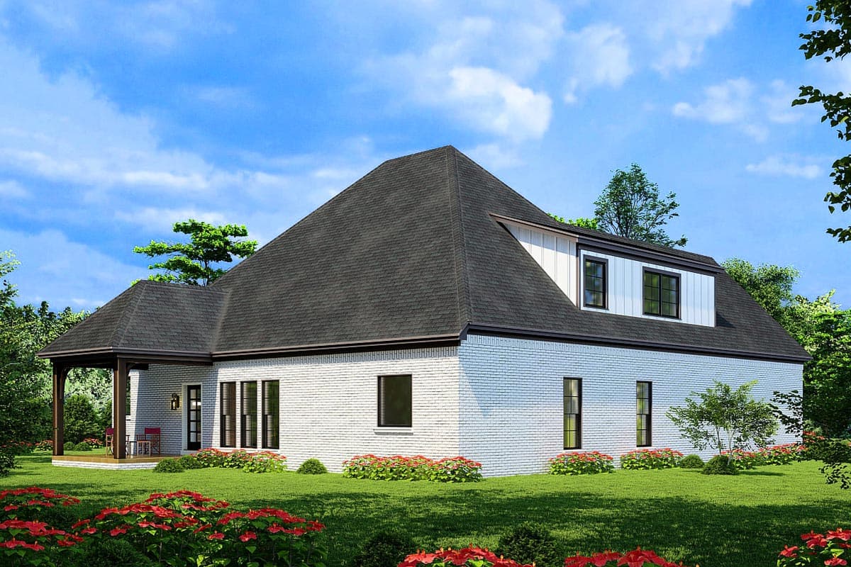 House plan exterior with white brick, hipped roof, dormer, and covered porch.