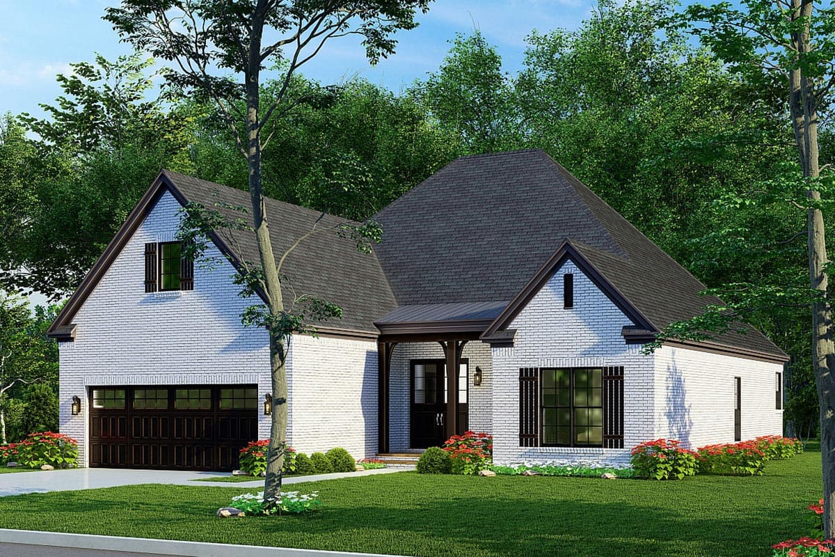 House plan exterior, one-story Modern Farmhouse with white brick, covered entry, gabled dormer, and side-entry garage.