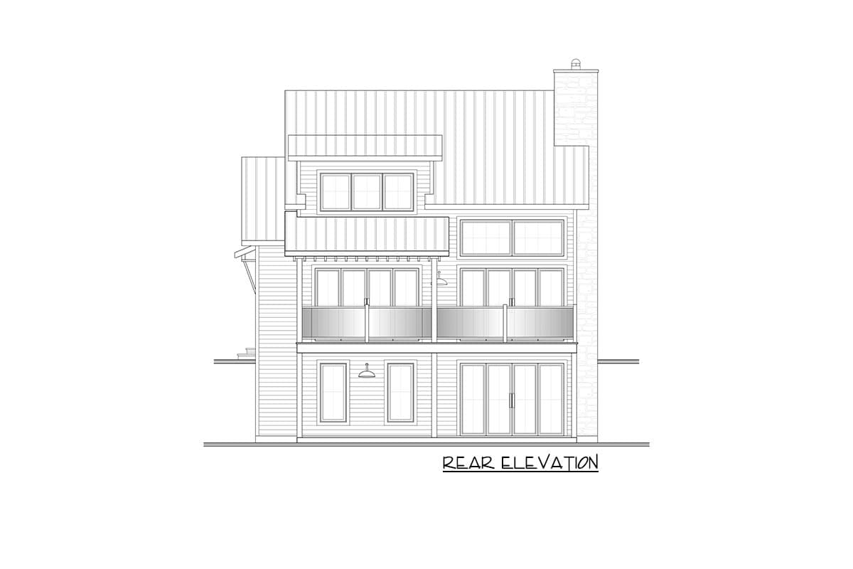 Rear elevation house plan with multiple levels, balconies, large windows, and a stone chimney.