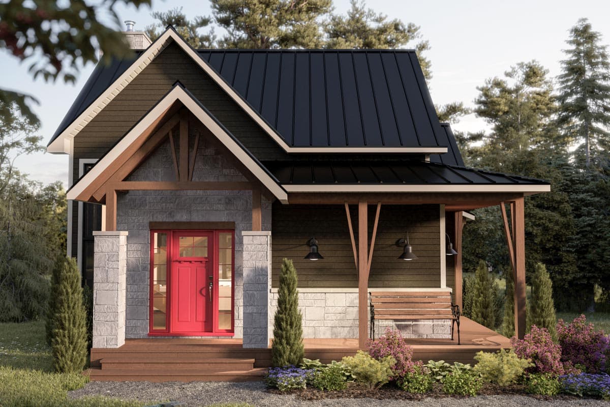 House plan exterior with dark siding, stone accents, pitched gable roof, and covered porch with wood columns.