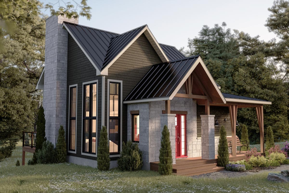 Modern house plan exterior with a metal roof, stone chimney, wood-framed porch, and large windows.