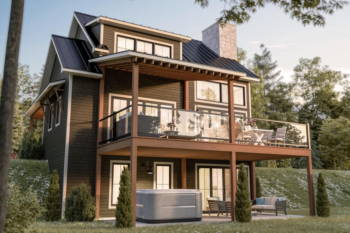 House plan exterior: two-story Modern Farmhouse with metal roof, gabled dormers, stone chimney, and upper deck.