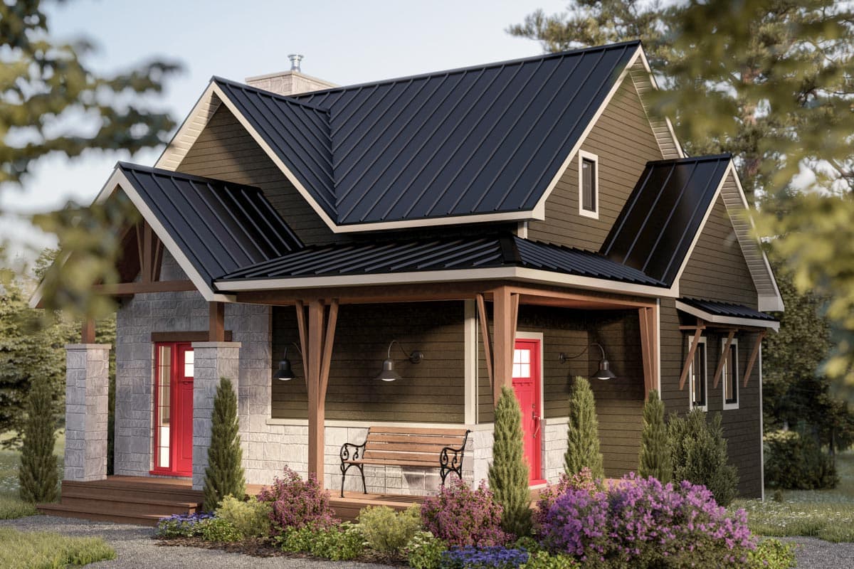 House plan exterior: Two-story Modern Farmhouse with dark siding, stone accents, metal roof, and covered front porch with wooden beams.