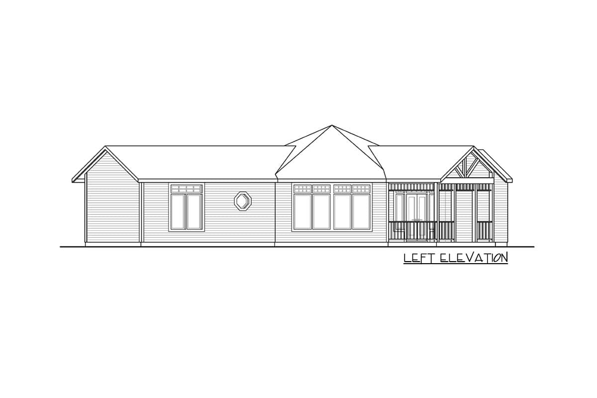 Left elevation drawing of a one-story house plan with a gable roof, multiple windows, and a covered porch with railings.