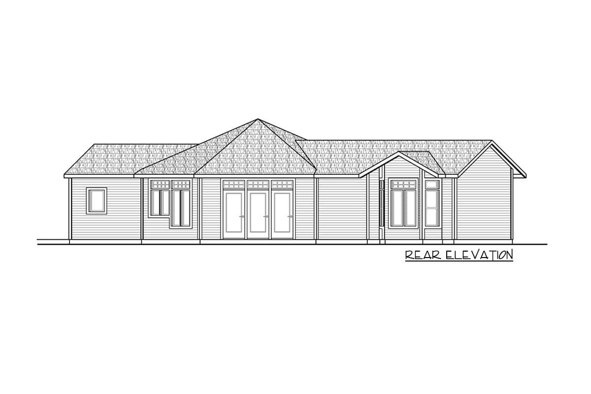 Rear elevation drawing of a single-story house with hip roof, double doors, and varied window sizes.
