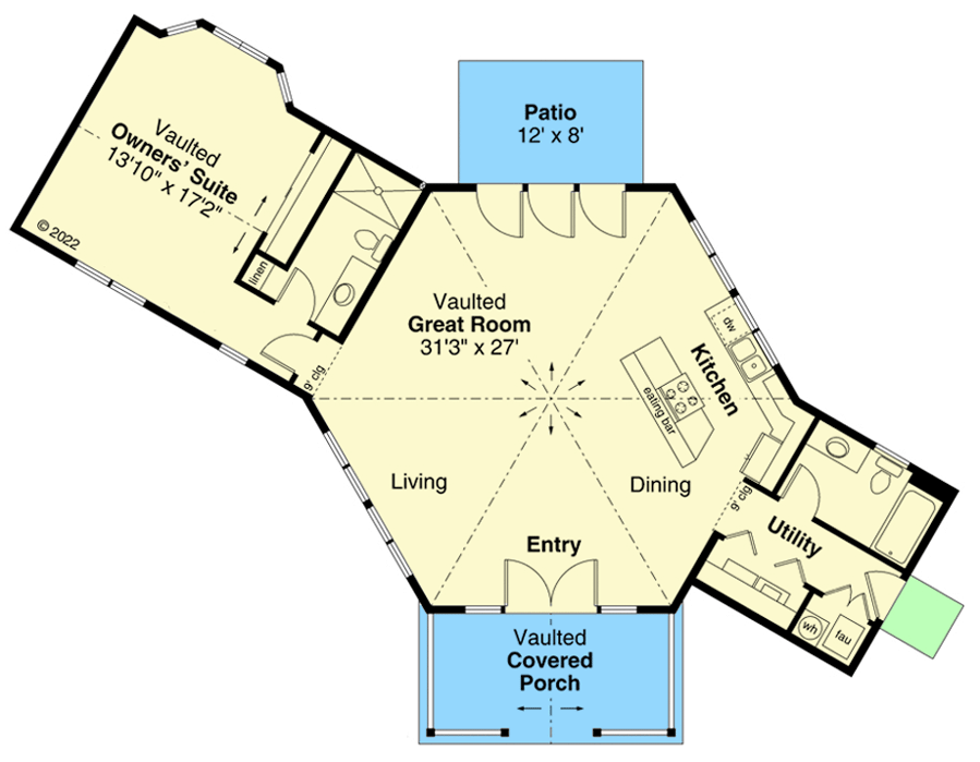 Plan 72324DA: Vacation Home with Hexagonal-shaped Living Area and One Bedroom - Floor Plan - Main Level - Ranch, Vacation