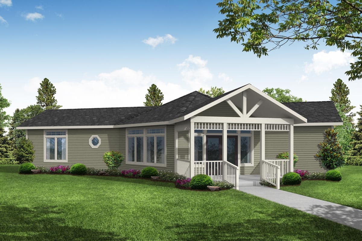 House plan exterior featuring a one-story, Ranch-style home with a front porch, gabled roof, and decorative truss details.